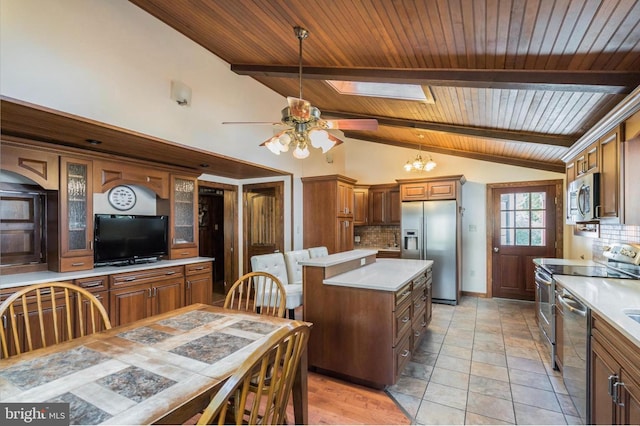 kitchen featuring appliances with stainless steel finishes, a skylight, a center island, pendant lighting, and decorative backsplash