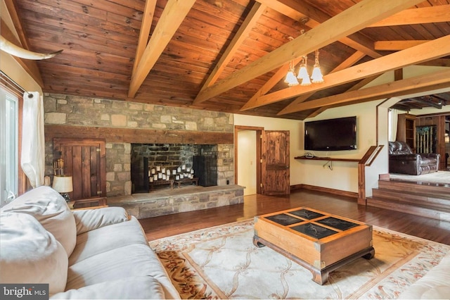 living room featuring beam ceiling, wooden ceiling, a fireplace, and hardwood / wood-style floors