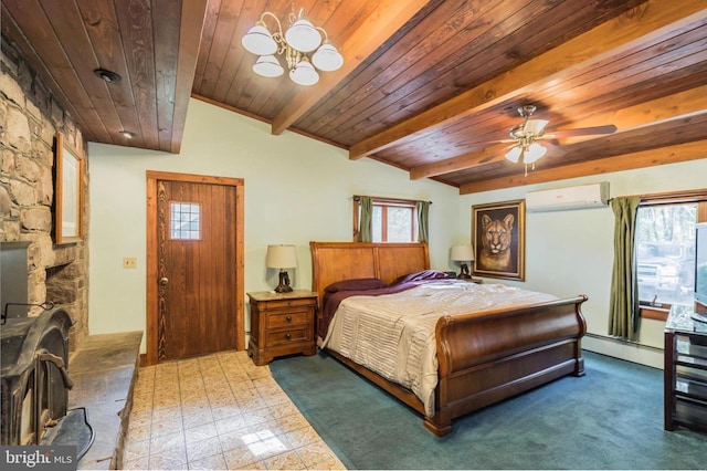 carpeted bedroom featuring a baseboard heating unit, ceiling fan with notable chandelier, an AC wall unit, wooden ceiling, and beamed ceiling