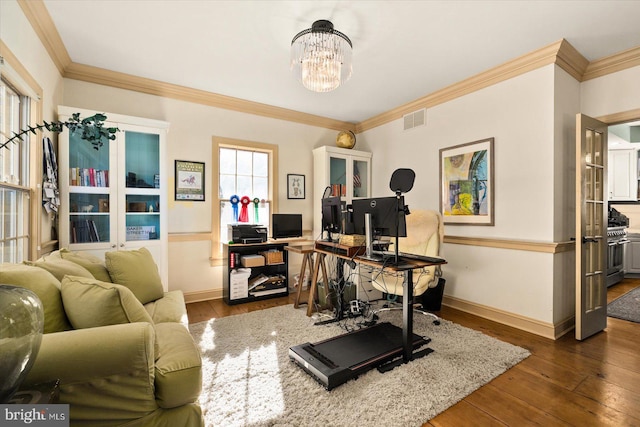 home office featuring ornamental molding, a chandelier, and dark hardwood / wood-style floors