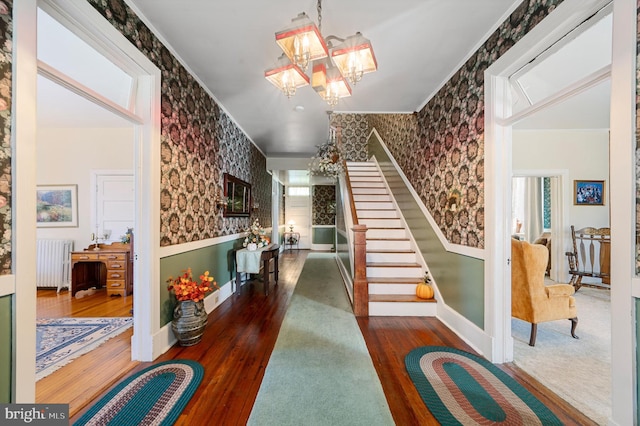 interior space with crown molding, dark hardwood / wood-style floors, radiator, and an inviting chandelier