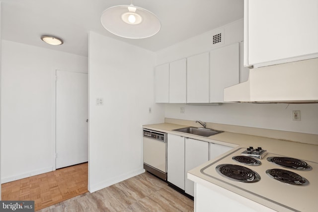 kitchen featuring light hardwood / wood-style floors, sink, white dishwasher, and white cabinets