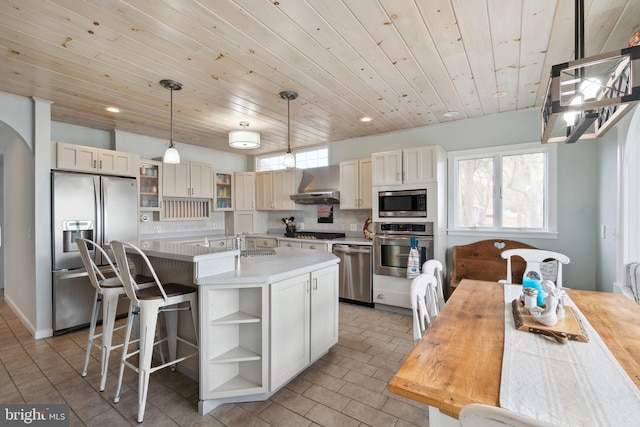 kitchen featuring wall chimney exhaust hood, hanging light fixtures, wooden ceiling, a kitchen island, and appliances with stainless steel finishes