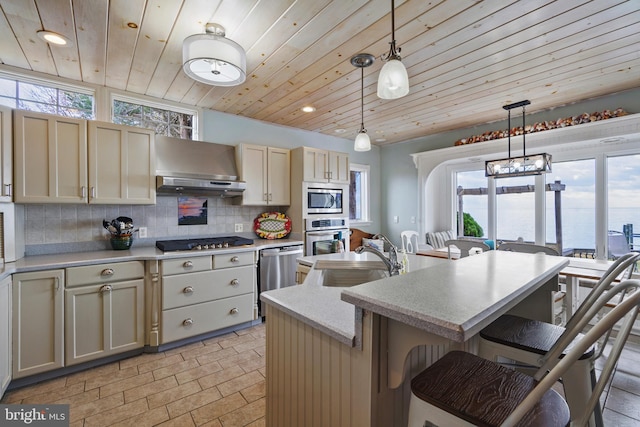 kitchen with an island with sink, a wealth of natural light, a water view, and stainless steel appliances