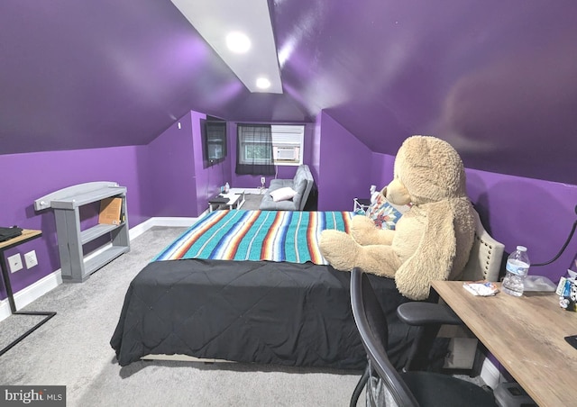 bedroom with light colored carpet and vaulted ceiling