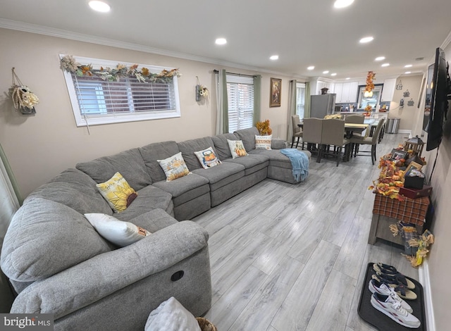 living room featuring light hardwood / wood-style flooring and crown molding