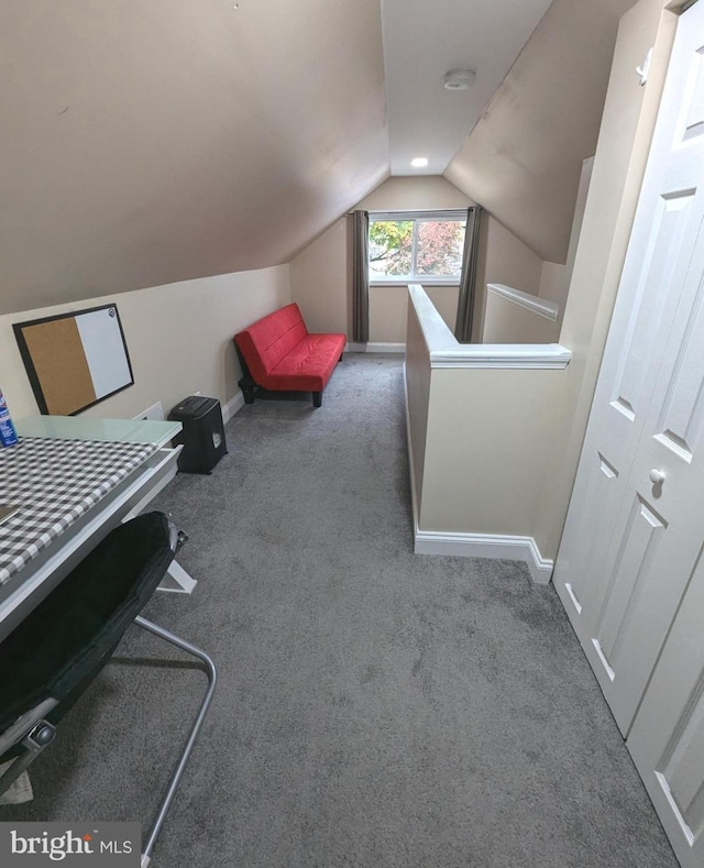 interior space with carpet and vaulted ceiling