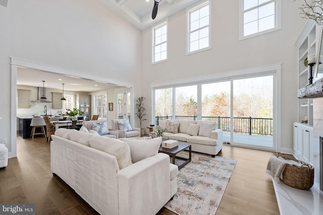 living room featuring a high ceiling, ceiling fan, and hardwood / wood-style flooring