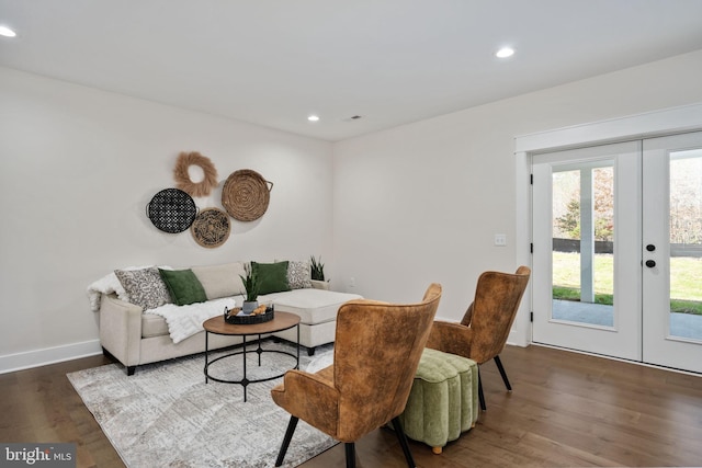 living room with dark hardwood / wood-style flooring and french doors