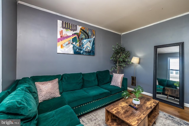 living room with ornamental molding and hardwood / wood-style floors