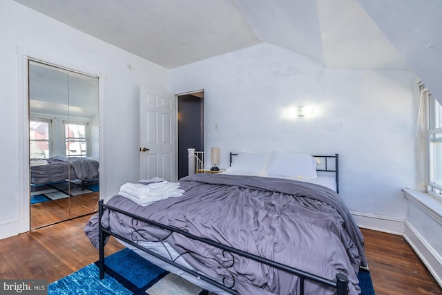 bedroom with lofted ceiling, dark wood-type flooring, and a closet