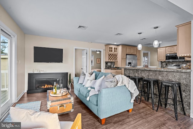 living room with dark hardwood / wood-style flooring