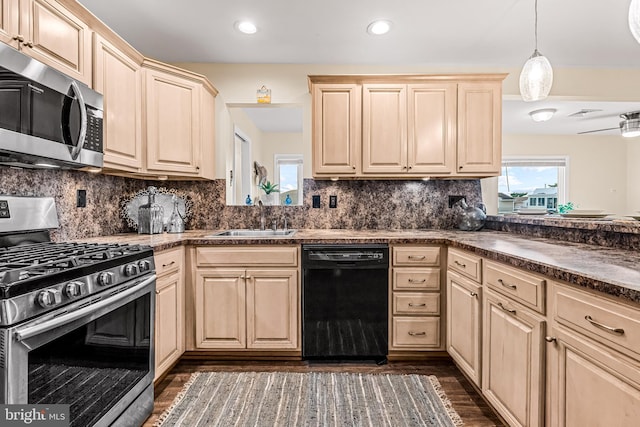 kitchen featuring dark hardwood / wood-style floors, hanging light fixtures, stainless steel appliances, and sink