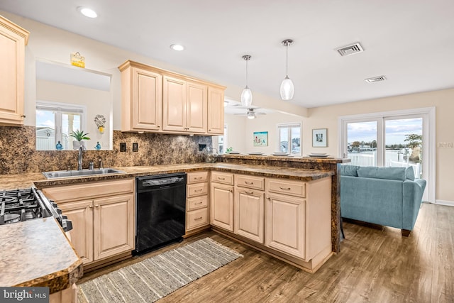 kitchen featuring sink, dishwasher, dark hardwood / wood-style flooring, kitchen peninsula, and plenty of natural light