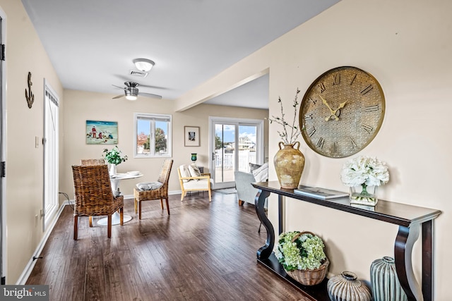 dining space with wood-type flooring and ceiling fan