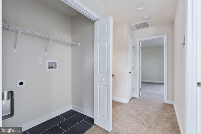 laundry room featuring washer hookup, hookup for an electric dryer, and dark colored carpet