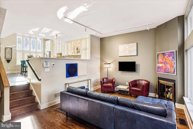 living room featuring rail lighting and dark hardwood / wood-style floors