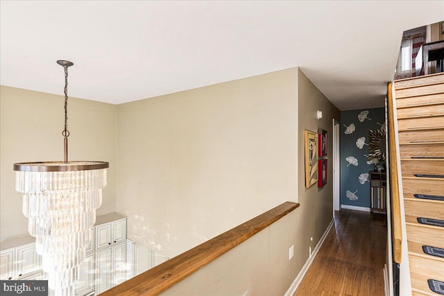 corridor featuring dark hardwood / wood-style flooring and a chandelier