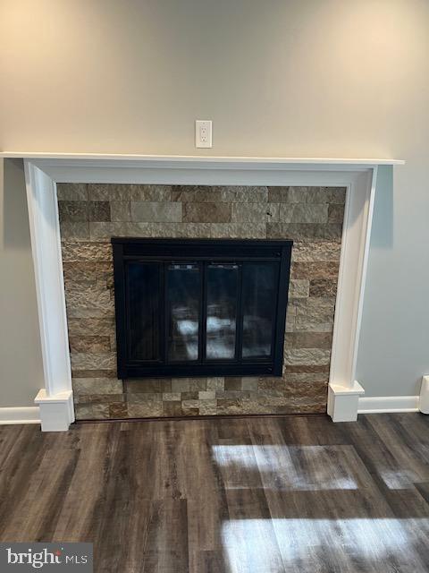 room details featuring a stone fireplace and wood-type flooring