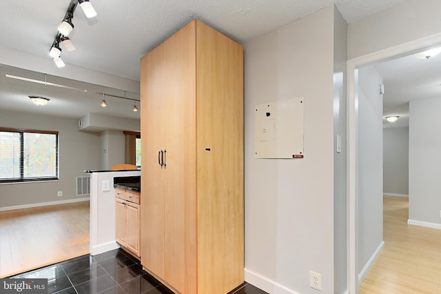 kitchen featuring light brown cabinets, track lighting, dark wood-type flooring, and a textured ceiling