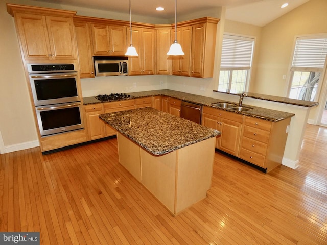 kitchen featuring pendant lighting, light wood-type flooring, stainless steel appliances, and sink