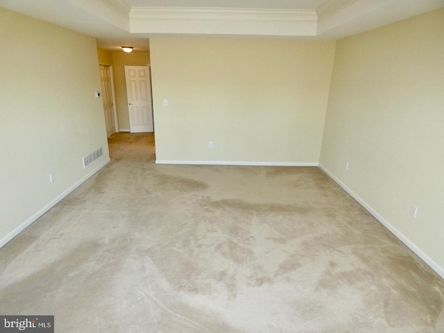 spare room featuring light colored carpet, crown molding, and a tray ceiling