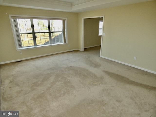 carpeted empty room with a raised ceiling and crown molding