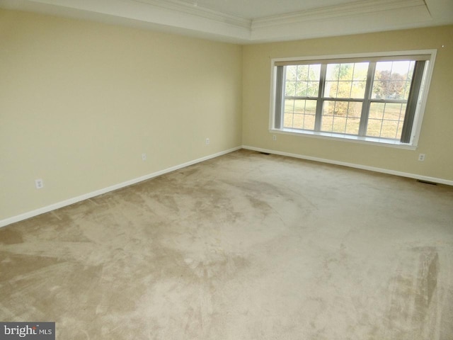 carpeted spare room with a tray ceiling and ornamental molding