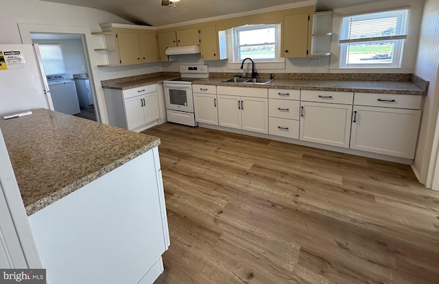 kitchen with white cabinets, light wood-type flooring, crown molding, sink, and white appliances