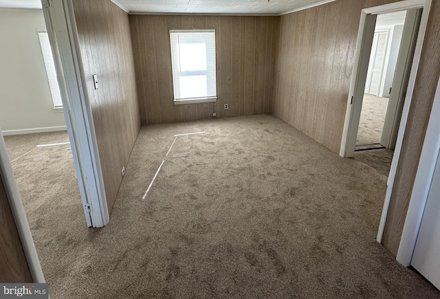 empty room with light colored carpet and wooden walls