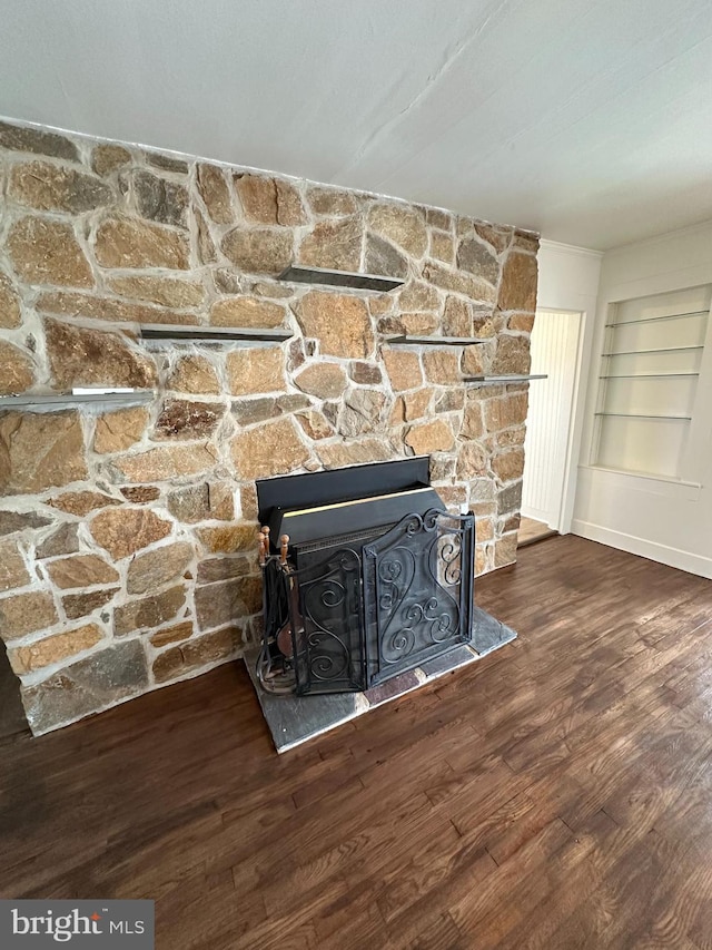 details with wood-type flooring and a fireplace