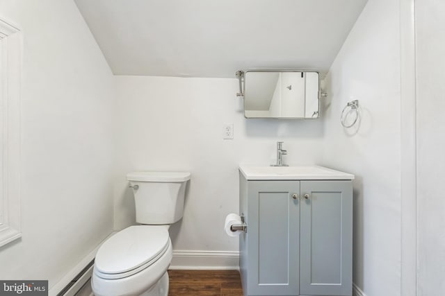 bathroom with toilet, hardwood / wood-style flooring, and vanity