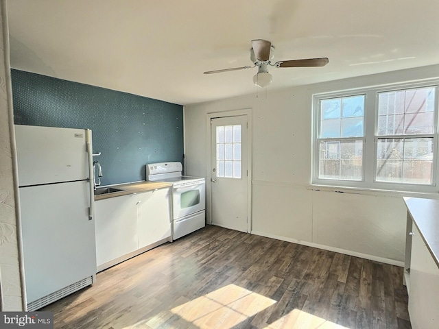 kitchen featuring hardwood / wood-style floors, a healthy amount of sunlight, white appliances, and sink