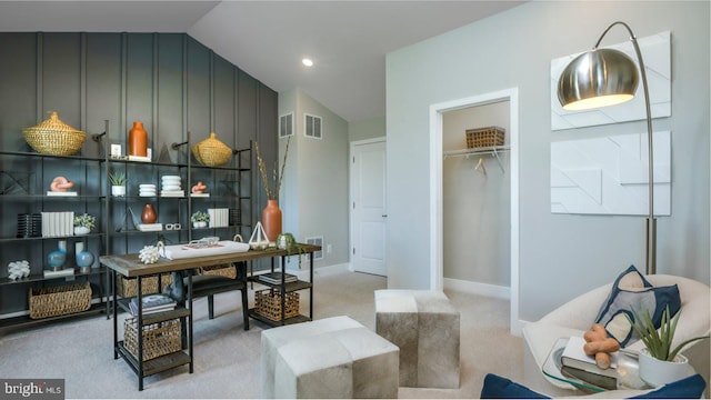 6819 Winterhill Ln, Glen Burnie, MD 21060 - home office featuring baseboards, visible vents, light colored carpet, and vaulted ceiling