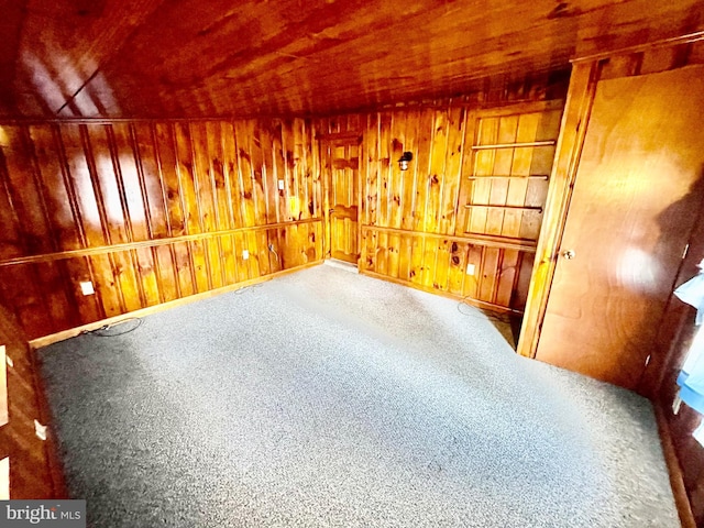 carpeted spare room featuring wood ceiling, wood walls, and built in features