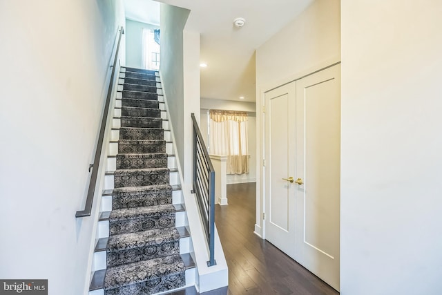 staircase with hardwood / wood-style flooring