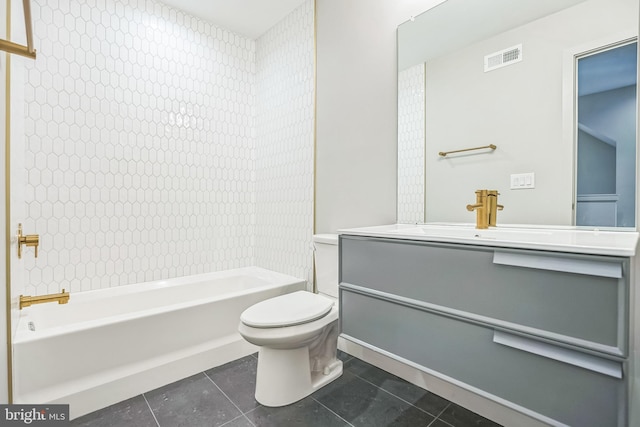 full bathroom featuring vanity, shower / tub combination, toilet, and tile patterned floors