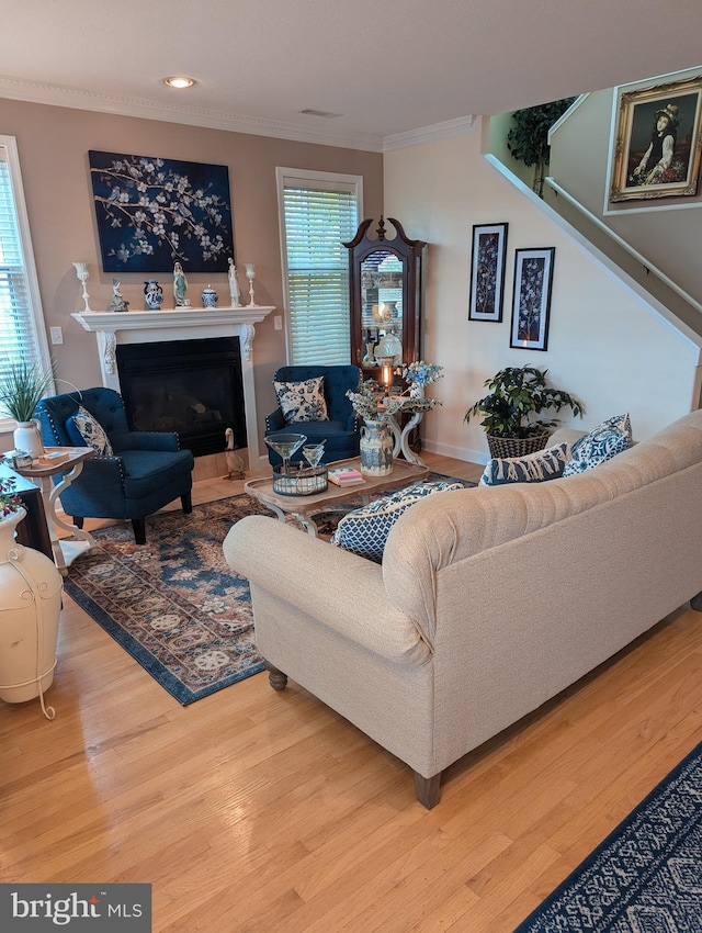 living room with ornamental molding and wood-type flooring