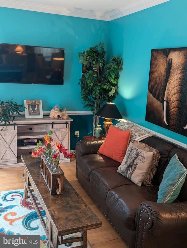 living room with ornamental molding and light wood-type flooring