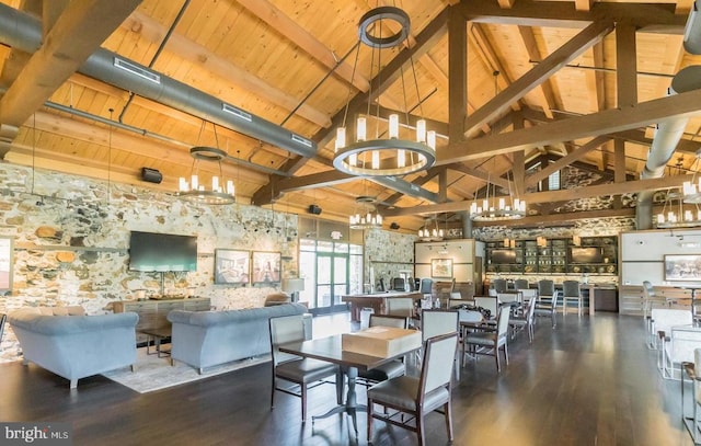 dining area with beam ceiling, dark hardwood / wood-style flooring, high vaulted ceiling, wood ceiling, and a chandelier