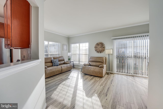 living room featuring light hardwood / wood-style flooring and crown molding