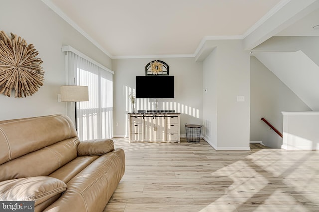 living room with crown molding and light hardwood / wood-style flooring