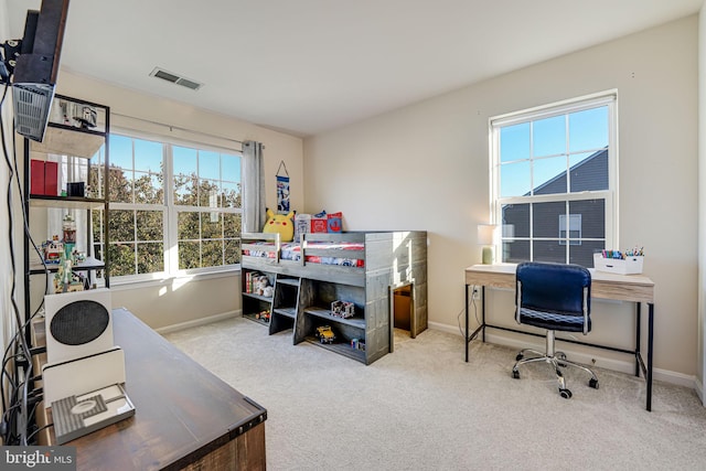 bedroom with light colored carpet