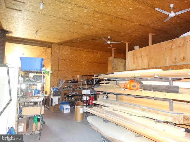 storage area featuring ceiling fan