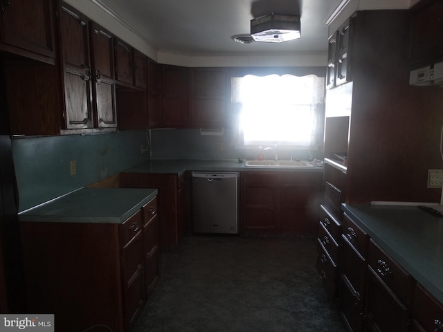 kitchen featuring sink, dishwasher, and dark brown cabinetry