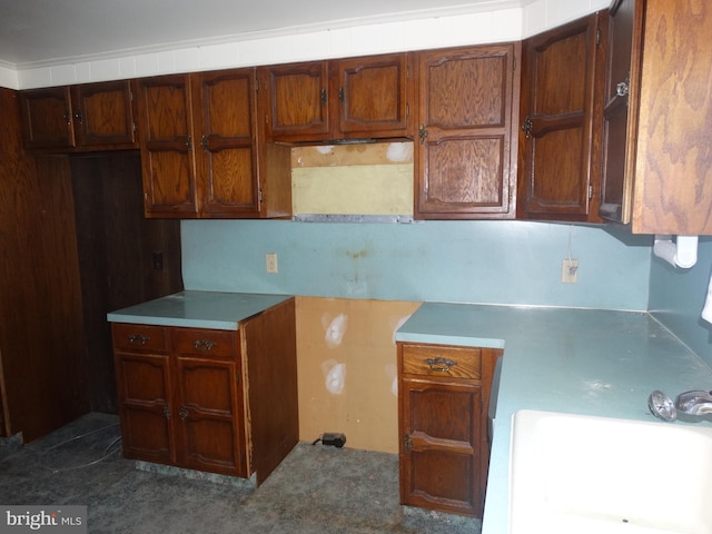 kitchen with crown molding, carpet, and sink