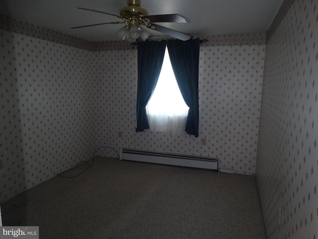 176 Thornton, Mc Connellsburg, PA 17233 - carpeted empty room with a baseboard heating unit, wallpapered walls, and a ceiling fan