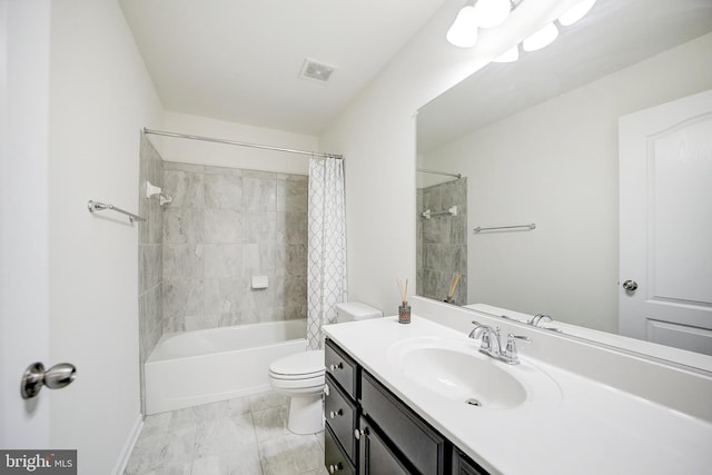 full bathroom with vanity, shower / bath combo, toilet, and tile patterned flooring