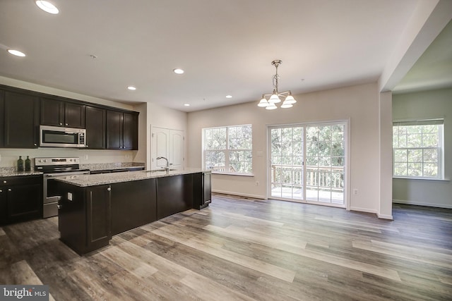 kitchen featuring appliances with stainless steel finishes, hardwood / wood-style flooring, hanging light fixtures, and plenty of natural light