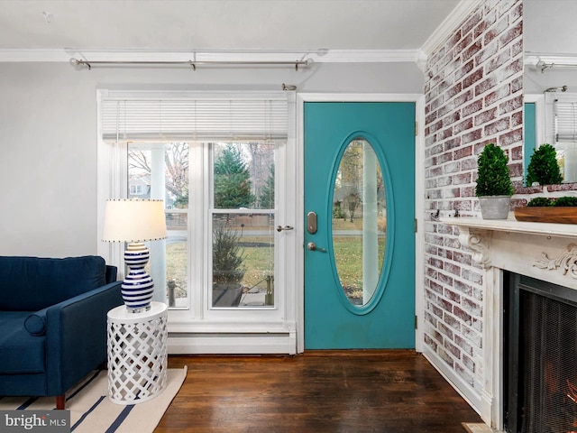 doorway featuring crown molding and dark hardwood / wood-style floors